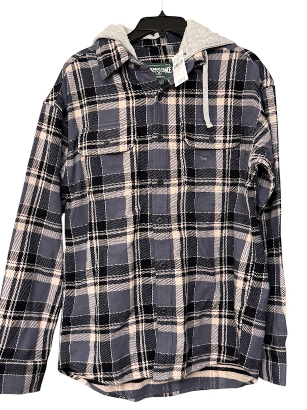 American Eagle Outfitters Black, Gray & Cream Plaid Hooded Flannel